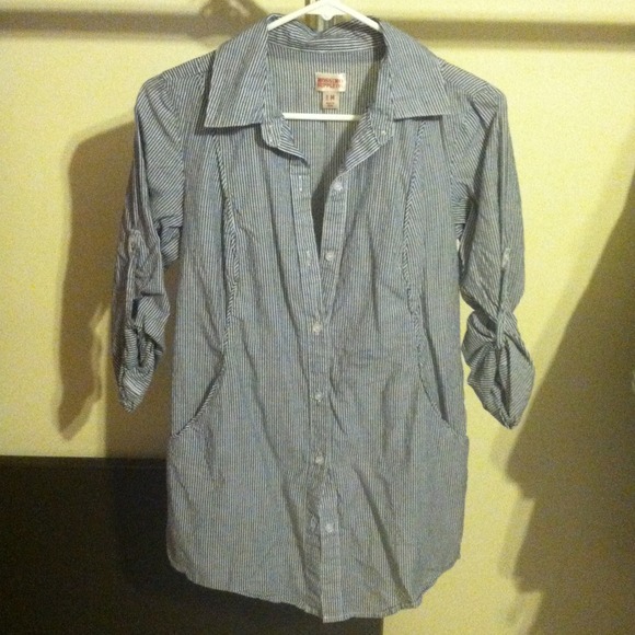 Bluish gray striped button up tunic.