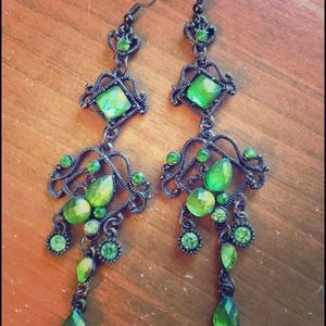 Long green fish hook earrings