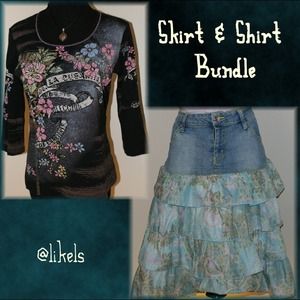 BUNDLE for likels Graphic Tee & Denim Ruffle Skirt
