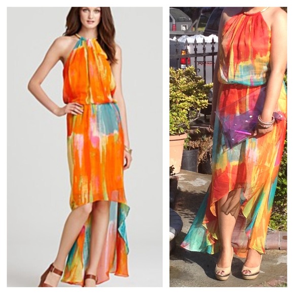 Laundry Orange Gold Halter Blouson Hi Lo Long Gown