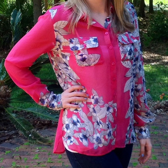 Tops - Covet Sheer Pink Floral Blouse