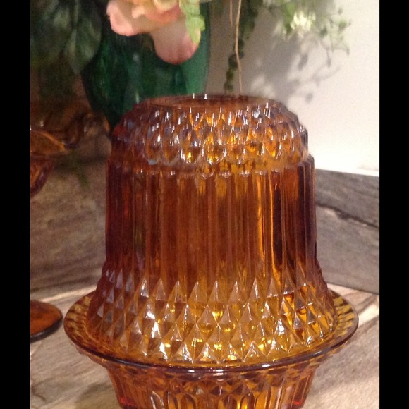 Vintage Amber Two Piece Fairy Lamp Candle Holder.