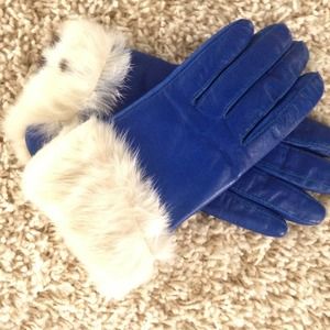 Electric blue leather, fur lined gloves