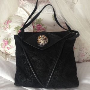 Vintage blk suede shoulder bag with leather trim