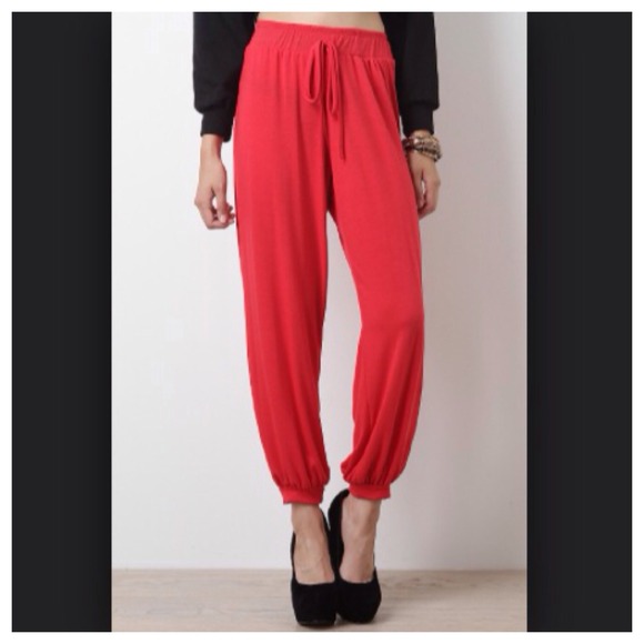 SOLD, SALE Super Flattering Red Knit Jogger Pants - Picture 2 of 3