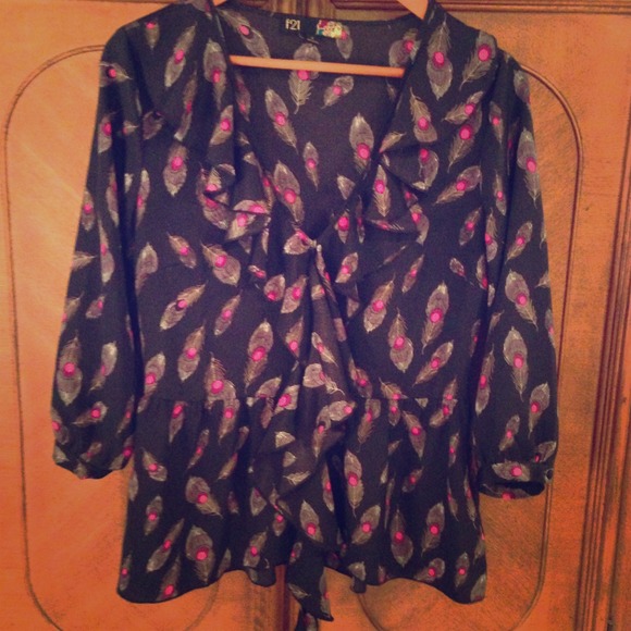 Peacock feather print ruffle blouse