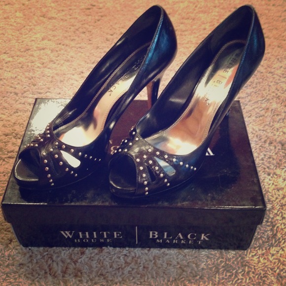 Black leather silver studs peep toe heel