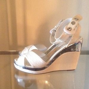 White faux croc silver toned wedge heels