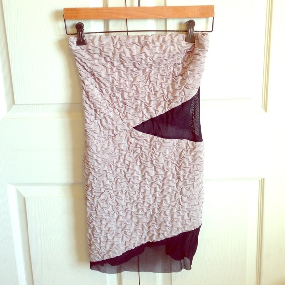 Beige, popcorn dress with black mesh details