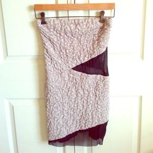 Beige, popcorn dress with black mesh details