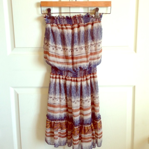 Blue / brown strapless chiffon dress