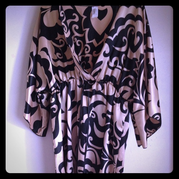 Beige and Black Satin V neck Tunic
