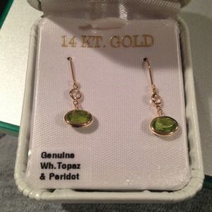 Genuine white topaz and peridot 14kt gold earrings