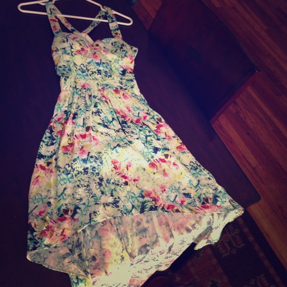 High-low floral print bustier maxi dress