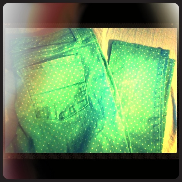 Mint colored polka dot skinny jeans