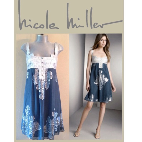 Nicole Miller Silver/Teal Metallic & Silk Dress