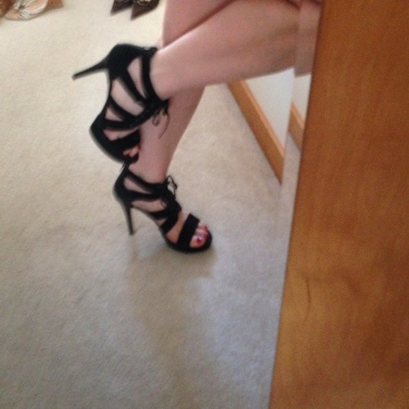 SEXY black suede zipper back lace up heels