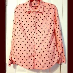 Pink and navy polka dot button up blouse!