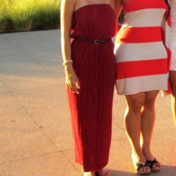 Red strapless pleated maxi dress