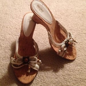 White and burlap strapy backless cork wedges