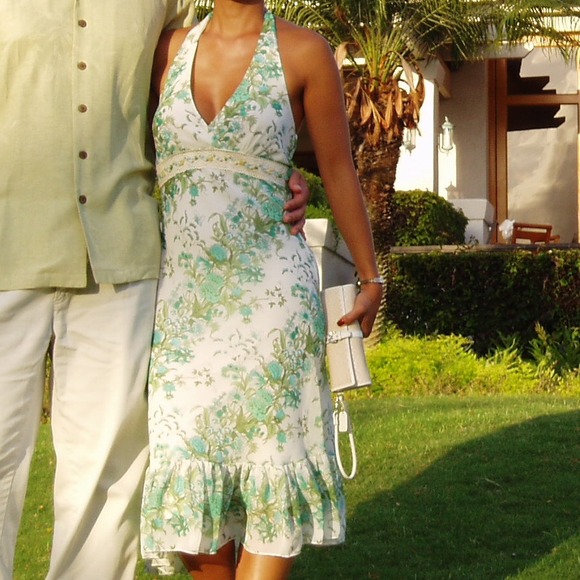 Off-white and cream halter tropical dress