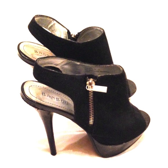 Black suede peep toe slingbacks with side zipper