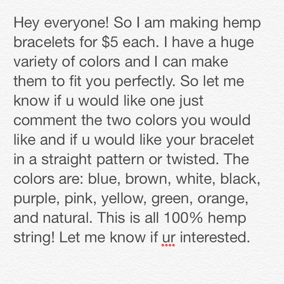 Custom made hemp bracelets.