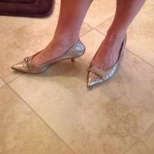 Muted, metallic gold kitten heel shoe