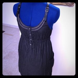 Black Denim Dress with Leather Straps