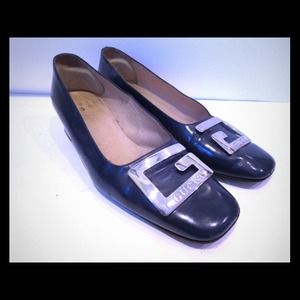 💯VINTAGE GUCCI NAVY BLUE LEATHER PUMPS  "G" LOGO