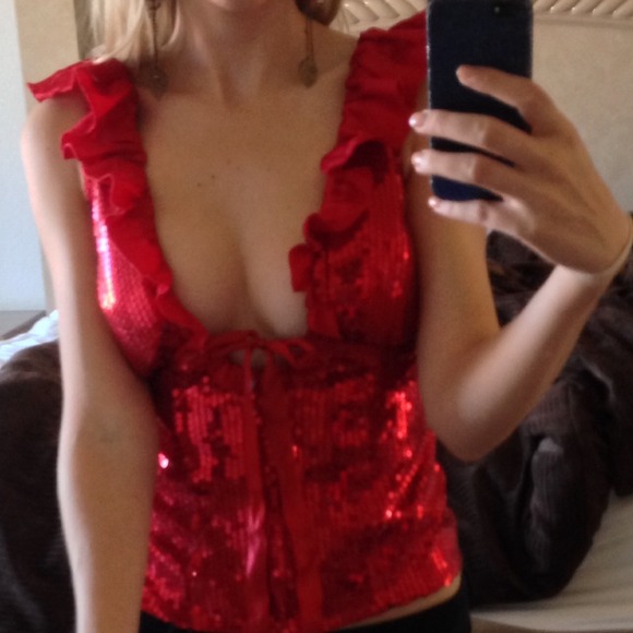 Cherry Red low low cut sequined top