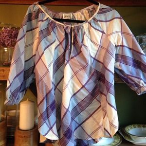 Madras purple blouse w/ keyhole front 3/4 sleeves