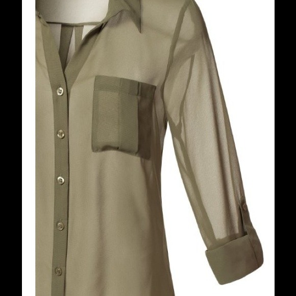Olive color Two pocket sheer blouse - Picture 3 of 4