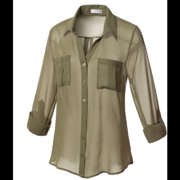 Olive color Two pocket sheer blouse - Picture 4 of 4