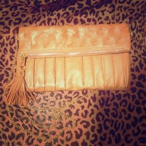 Fold over camel brown cross body bag w/gold chain