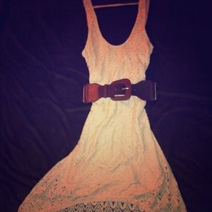 Beige Crochet High/Low Dress w/ Dark Brown Belt