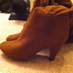Camel color suede boots talk or short
