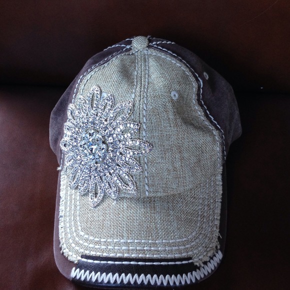 Tan Linen and Brown Cap with Rhinestone Flower