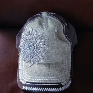 Tan Linen and Brown Cap with Rhinestone Flower