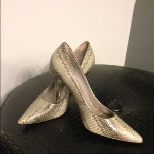 Kenneth Cole grey snake skin stilettos.