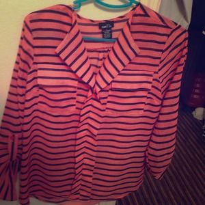 Pink and blue stripped see-through blouse.