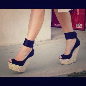 Black Satin ankle strap wedges