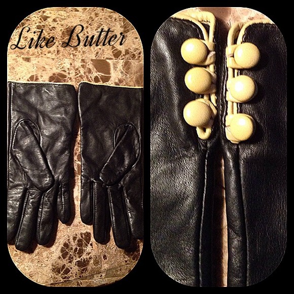 Supple black leather gloves with yellow buttons - Picture 4 of 4