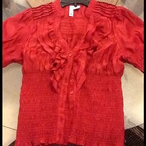 Sexy, deep red button up blouse with Spanish frill
