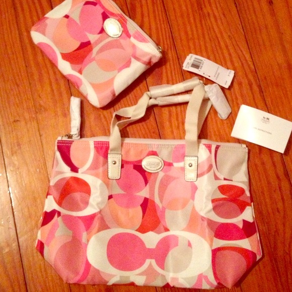 Coach tote and makeup bag, pink
