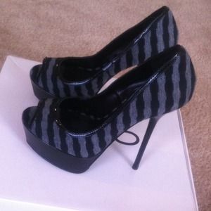 Black Grey Striped Peep Toe Platform Heels