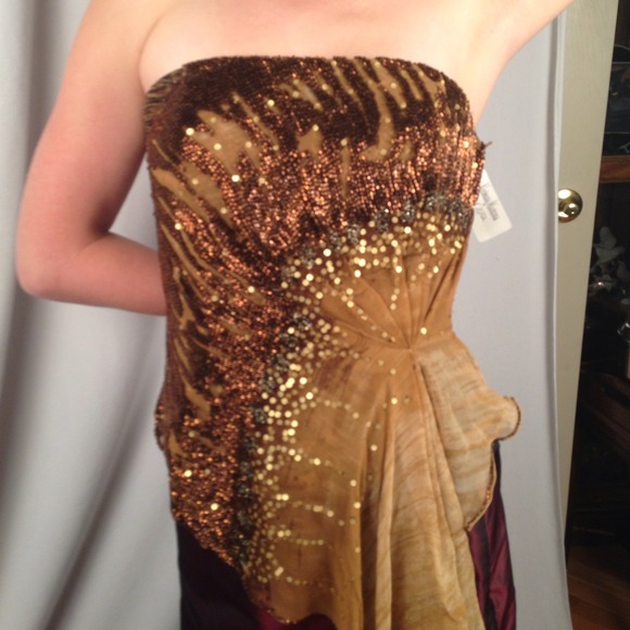 Alberto Makali Silk Beaded Asymmetrical Brown Top - Picture 4 of 4