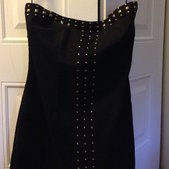 Sexy fitted black strapless dress with gold studs