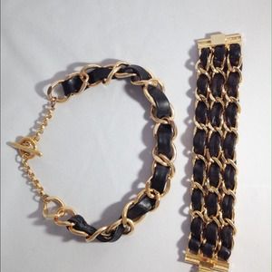 Leather and Gold Necklace and bracelet
