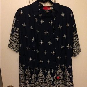 Patterned navy blue men's short sleeve button up